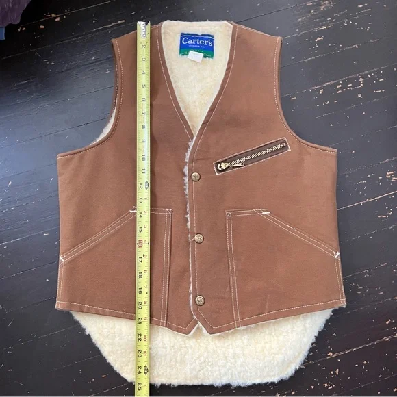Vintage Carters Fleece Lined Canvas Vest 1970s Work Sherpa Duck USA Brown Tan - Picture 13 of 13